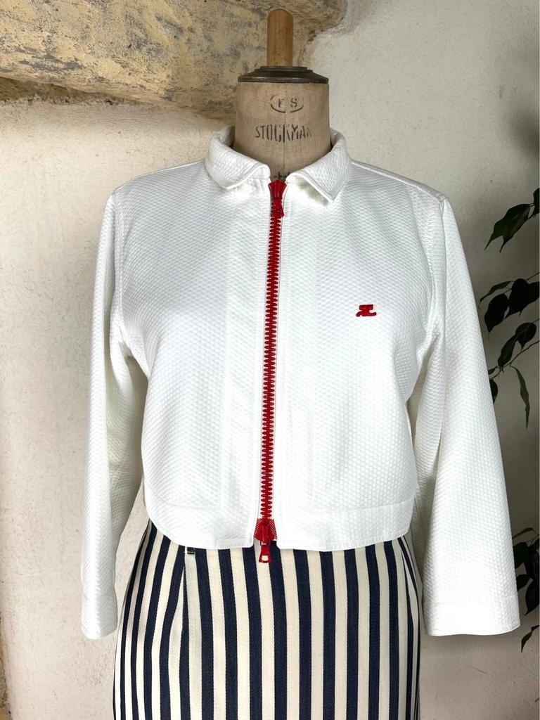 Veste Courrèges blanche à fermeture éclair rouge