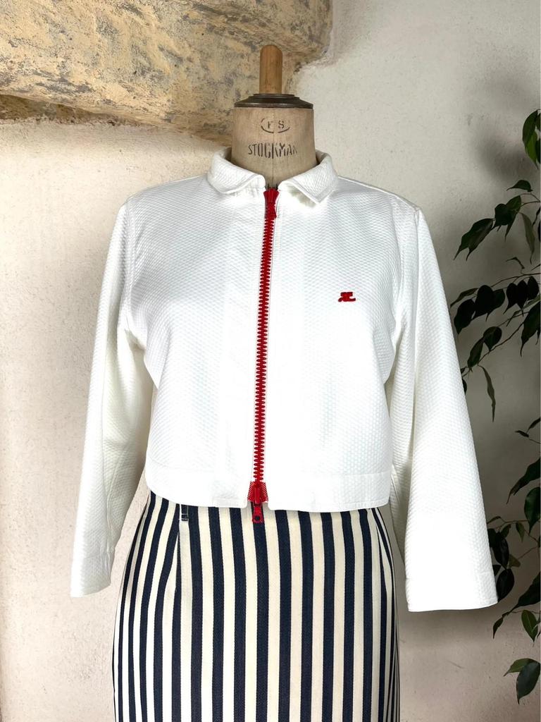 Veste Courrèges blanche à fermeture éclair rouge